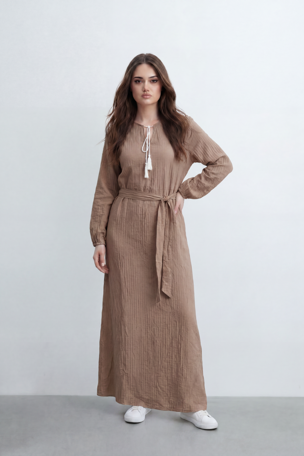 Women’s Tomato Store Desert Gauze Maxi Dress With Allover Cotton Crinkle Slub Texture Front Tassel Tie Detail Self Waist Belt Relaxed Flowing Fit