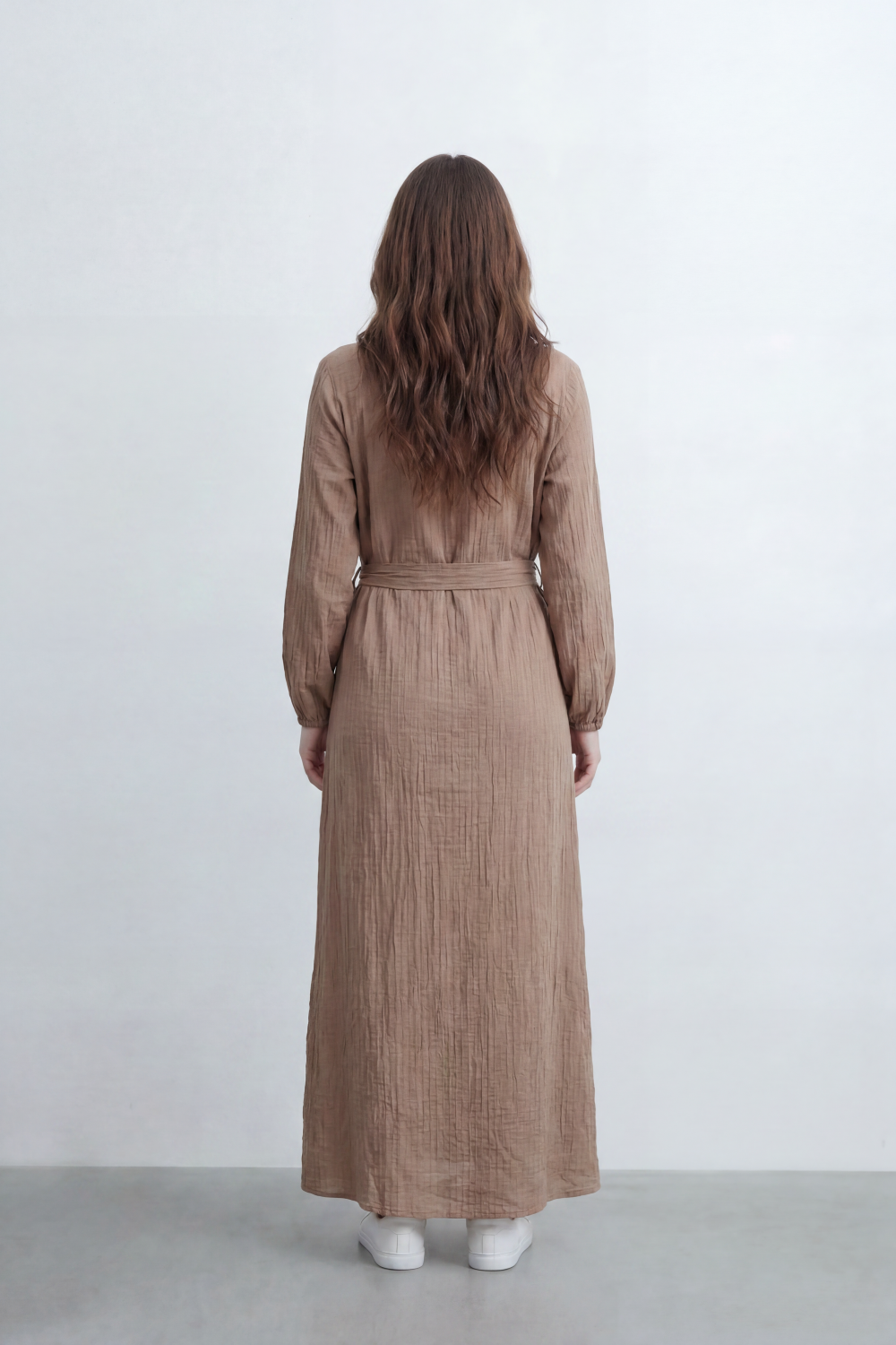 Women’s Tomato Store Desert Gauze Maxi Dress With Allover Cotton Crinkle Slub Texture Front Tassel Tie Detail Self Waist Belt Relaxed Flowing Fit