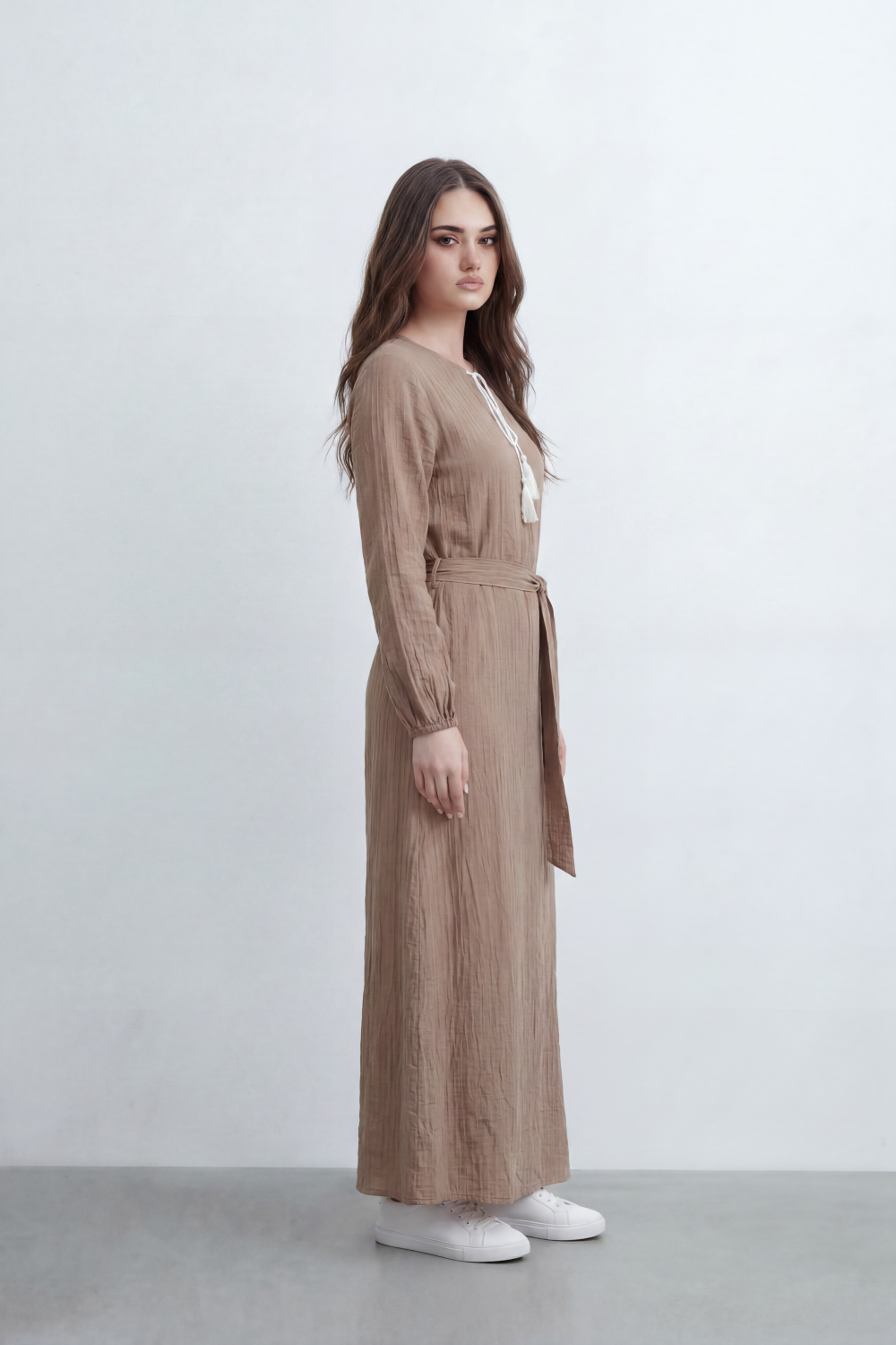 Women’s Tomato Store Desert Gauze Maxi Dress With Allover Cotton Crinkle Slub Texture Front Tassel Tie Detail Self Waist Belt Relaxed Flowing Fit