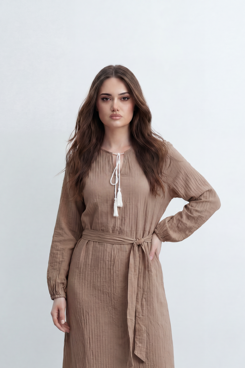 Women’s Tomato Store Desert Gauze Maxi Dress With Allover Cotton Crinkle Slub Texture Front Tassel Tie Detail Self Waist Belt Relaxed Flowing Fit