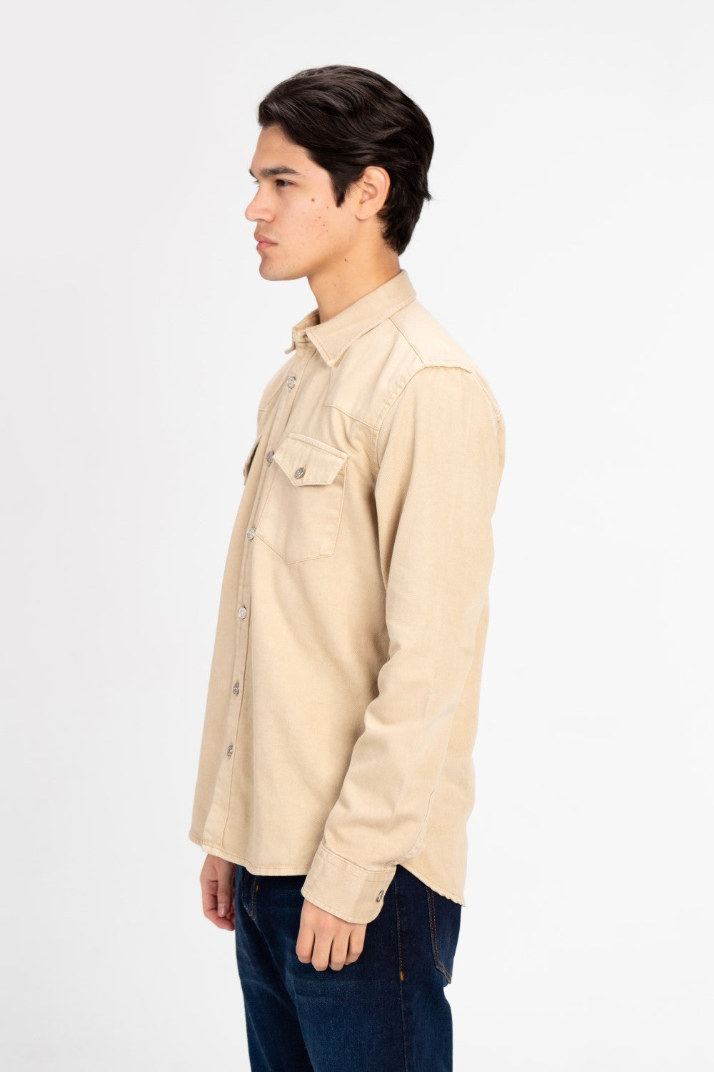 Men's Long Sleeved Gabardine Shirt With Front Pockets