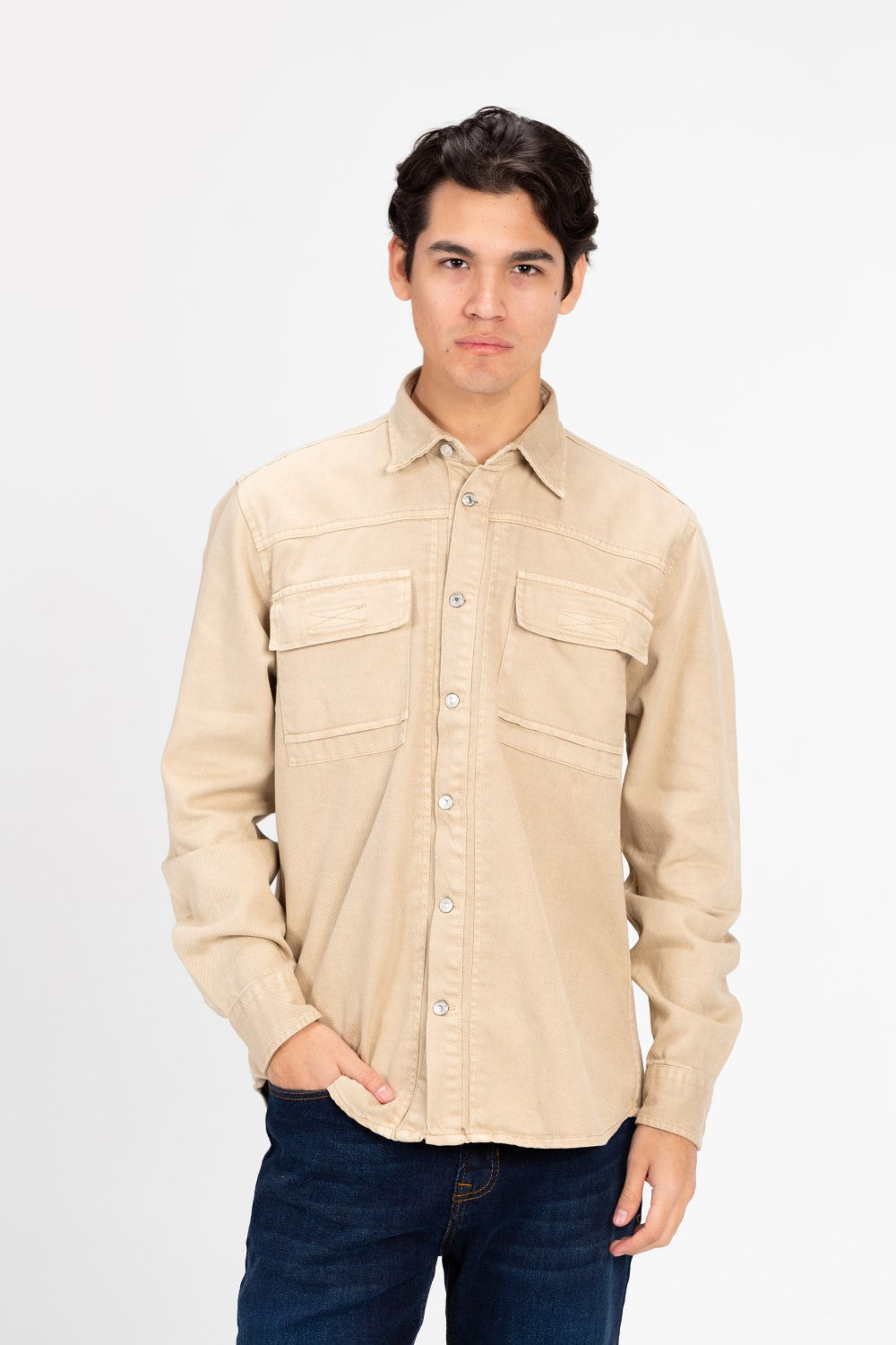 Men's Basic Gabardine Shirt With Front Buttons And Pockets