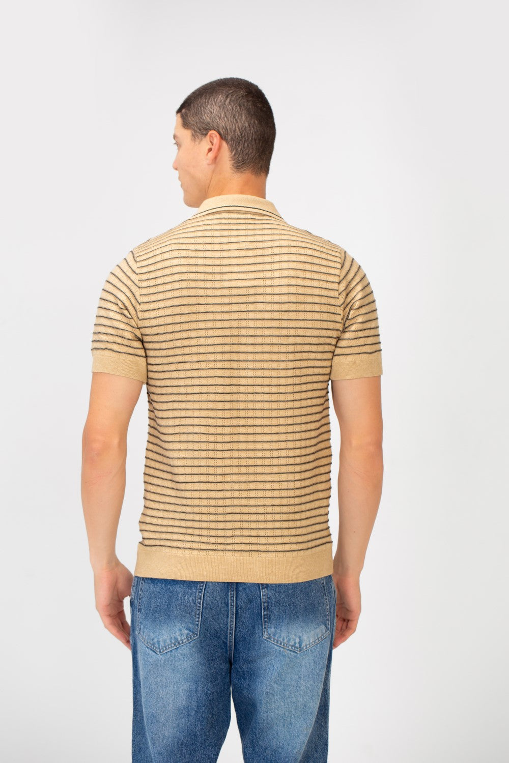 Men's Slim Fit Striped Short Sleeve Half Buttons Polo T-Shirt