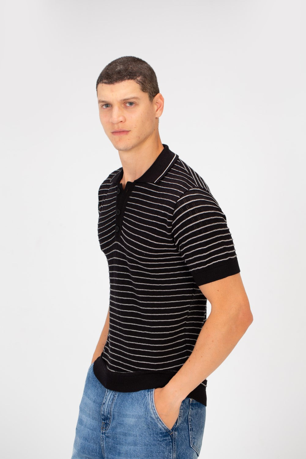 Men's Slim Fit Striped Short Sleeve Half Buttons Polo T-Shirt