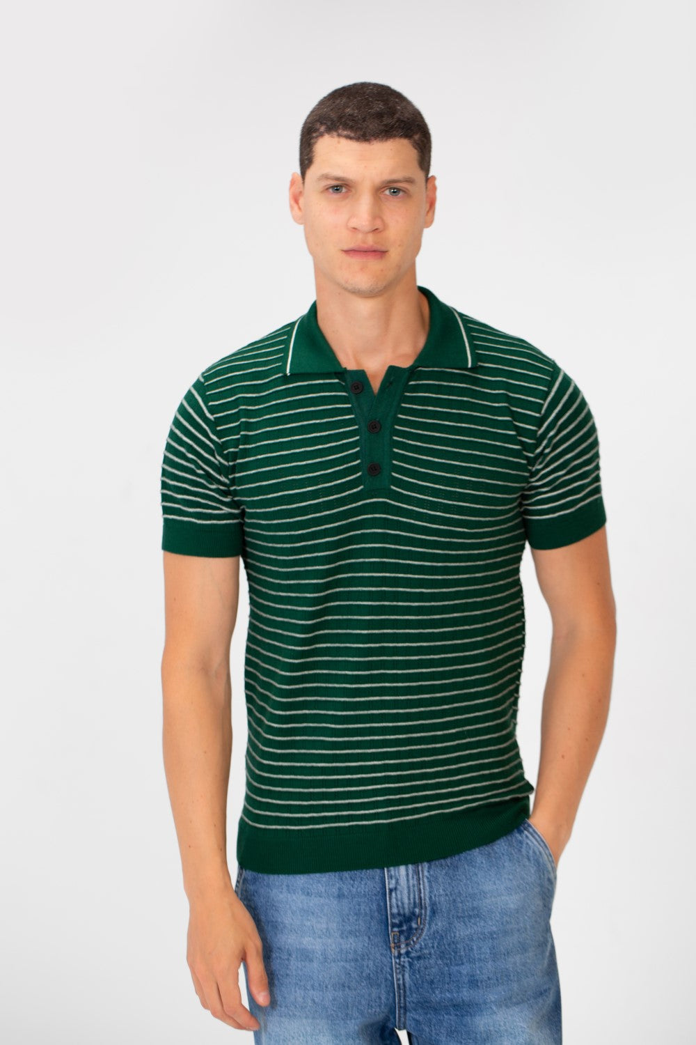 Men's Slim Fit Striped Short Sleeve Half Buttons Polo T-Shirt