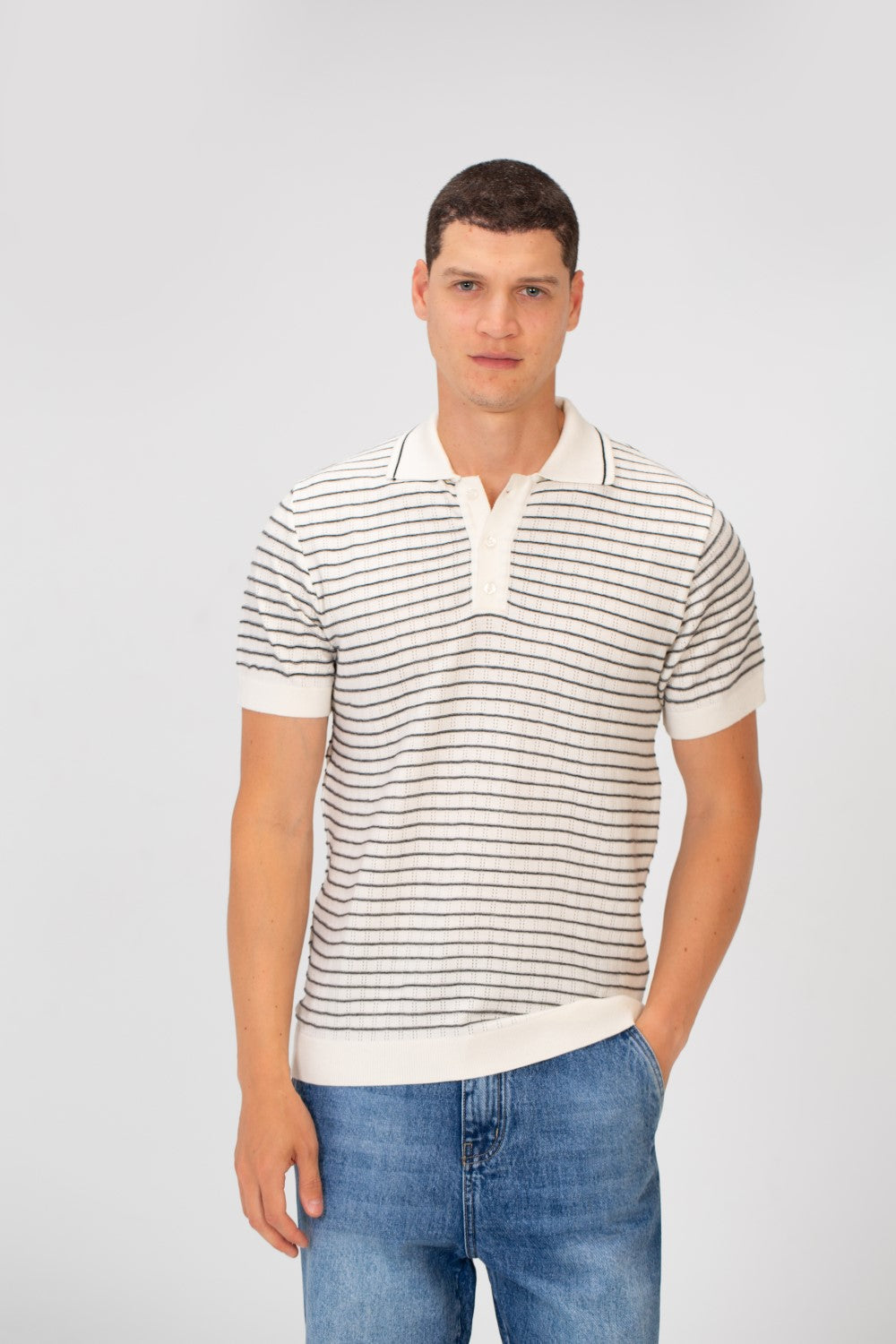Men's Slim Fit Striped Short Sleeve Half Buttons Polo T-Shirt