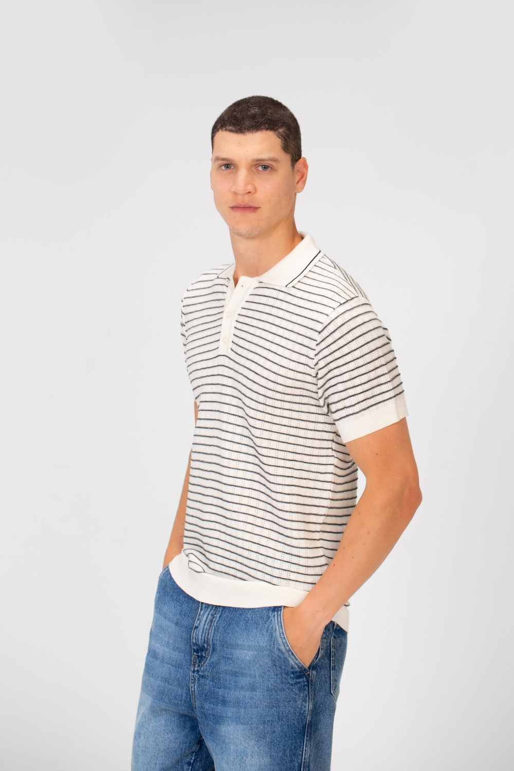 Men's Slim Fit Striped Short Sleeve Half Buttons Polo T-Shirt