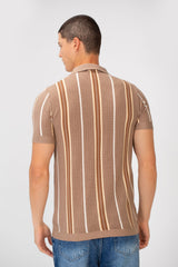 Men's Slim Fit Striped Full Button Short Sleeve Polo Shirt