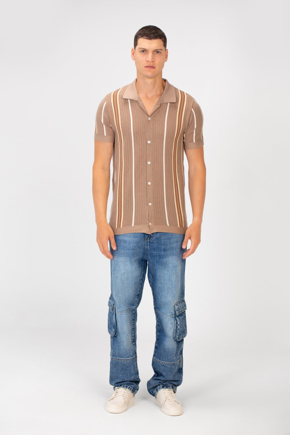 Men's Slim Fit Striped Full Button Short Sleeve Polo Shirt