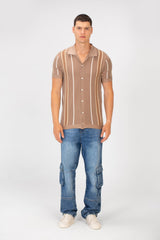 Men's Slim Fit Striped Full Button Short Sleeve Polo Shirt