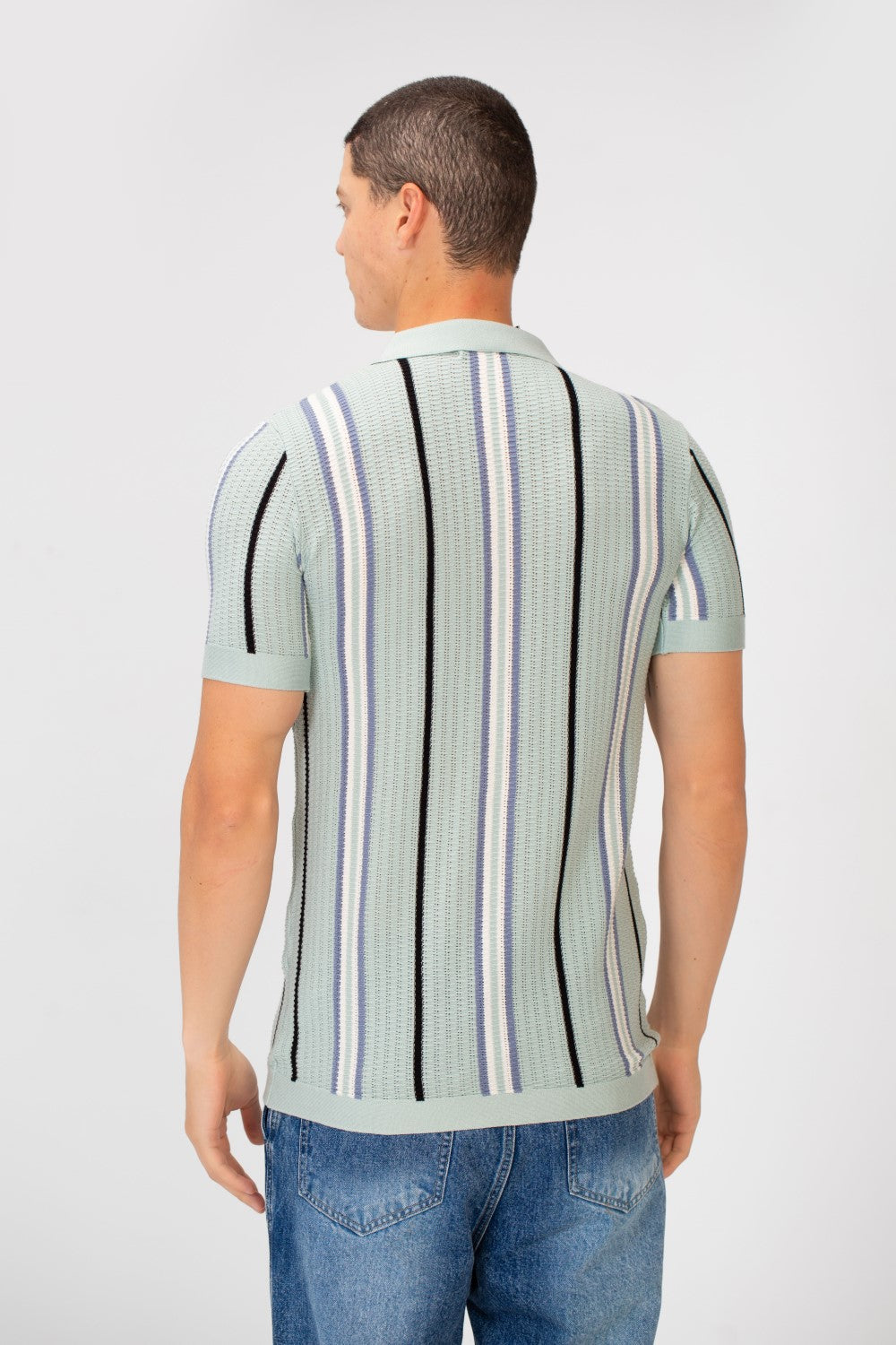 Men's Slim Fit Striped Full Button Short Sleeve Polo Shirt