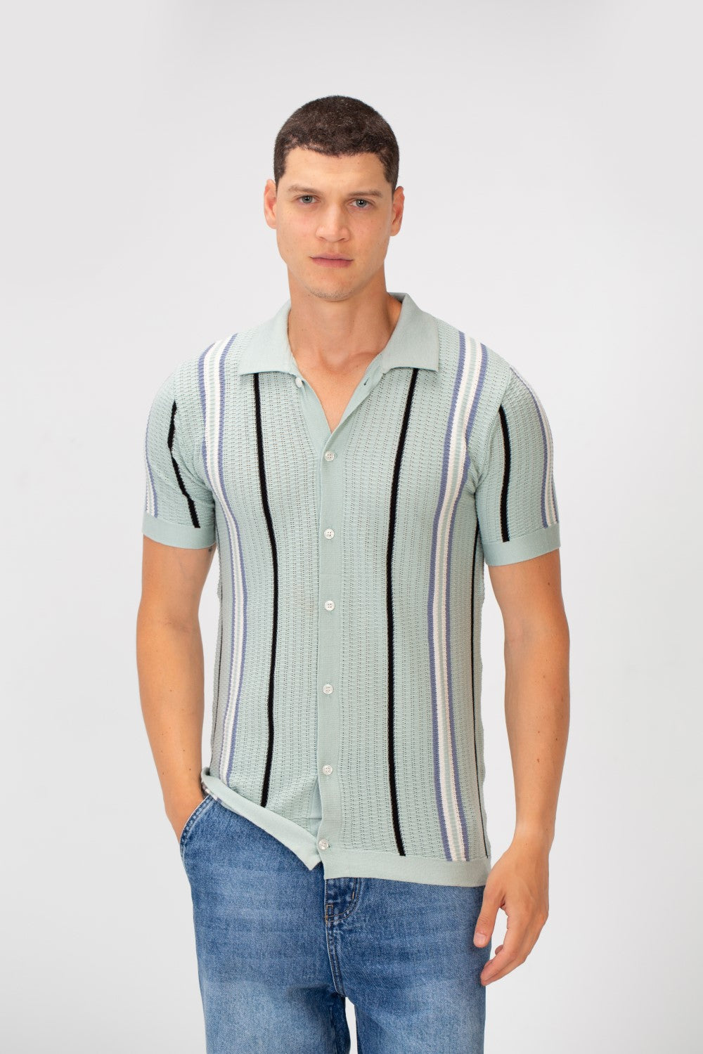 Men's Slim Fit Striped Full Button Short Sleeve Polo Shirt