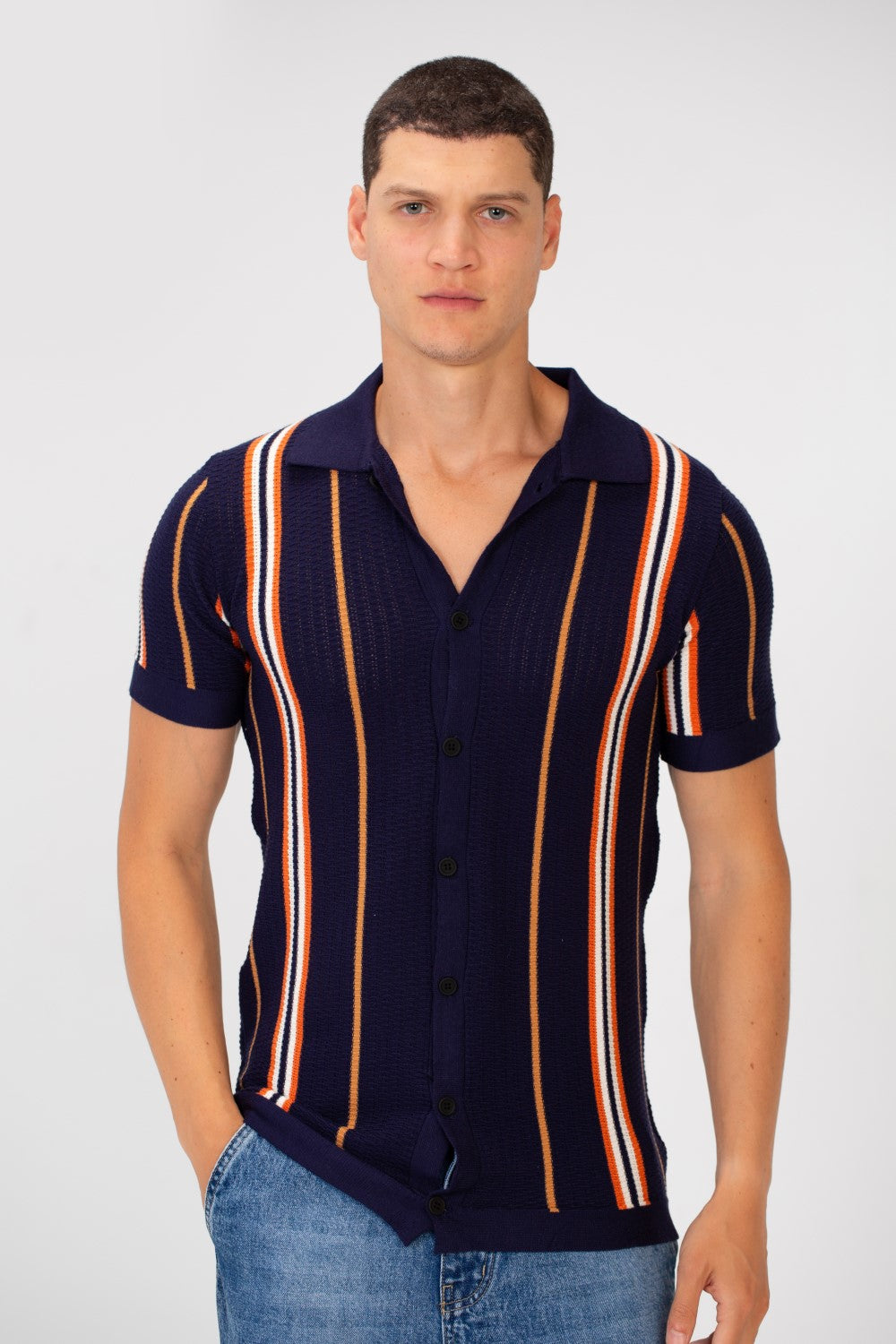 Men's Slim Fit Striped Full Button Short Sleeve Polo Shirt