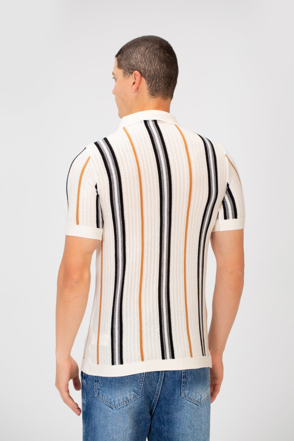 Men's Slim Fit Striped Full Button Short Sleeve Polo Shirt