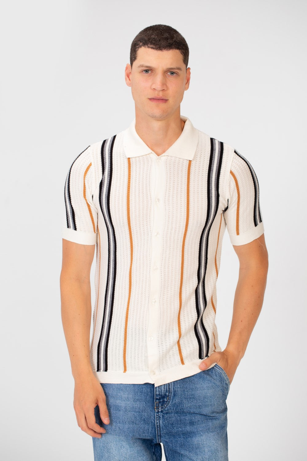 Men's Slim Fit Striped Full Button Short Sleeve Polo Shirt