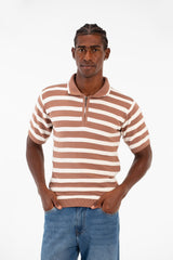 Men's Striped Short Sleeve Slim Fit T-Shirt Half Front Zipper Breathable Fabric