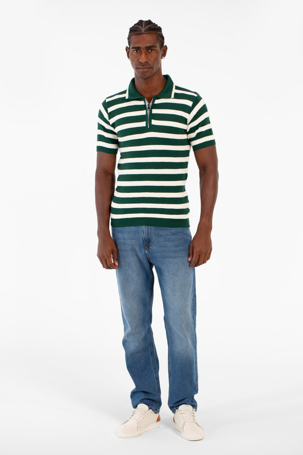 Men's Striped Short Sleeve Slim Fit T-Shirt Half Front Zipper Breathable Fabric