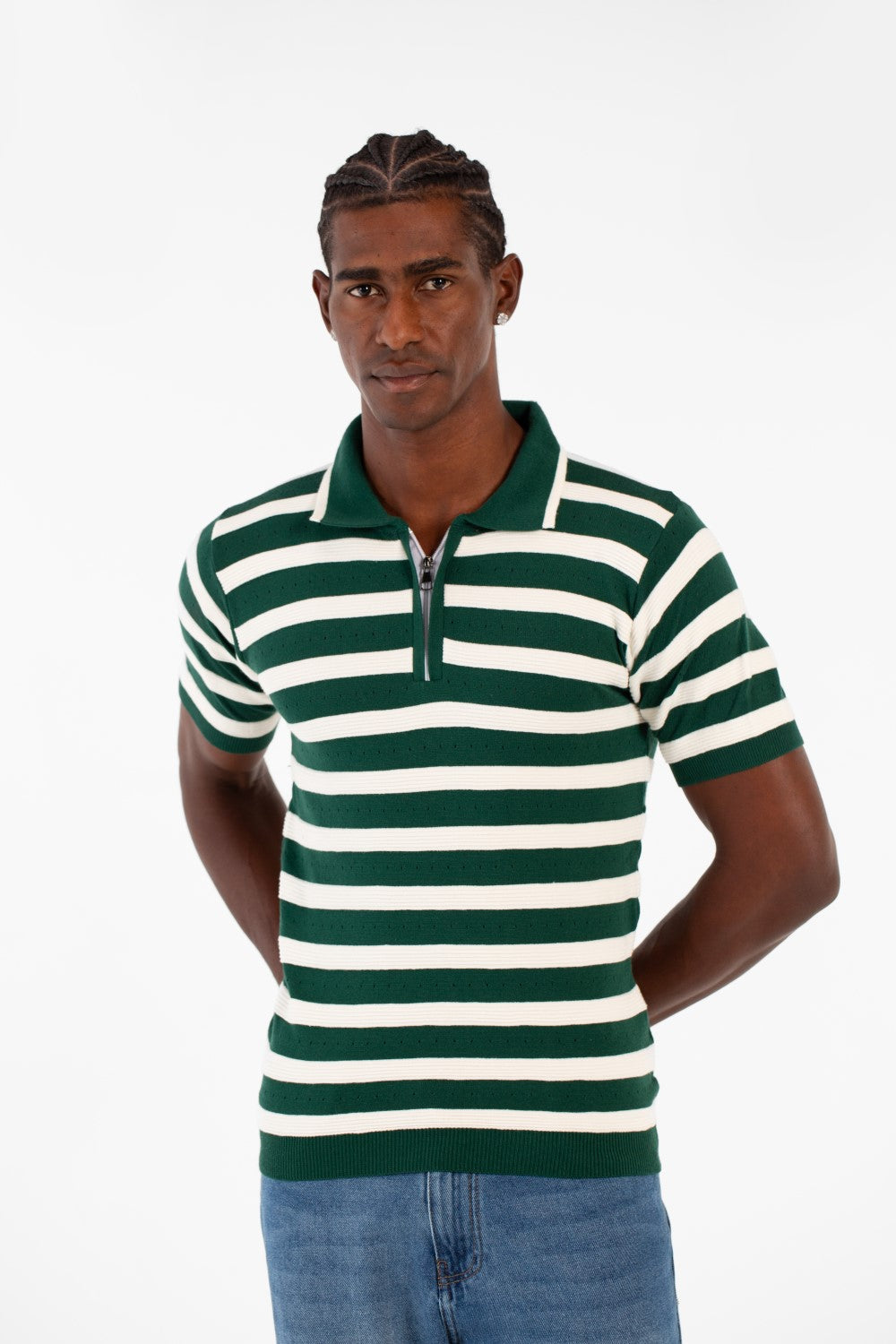 Men's Striped Short Sleeve Slim Fit T-Shirt Half Front Zipper Breathable Fabric