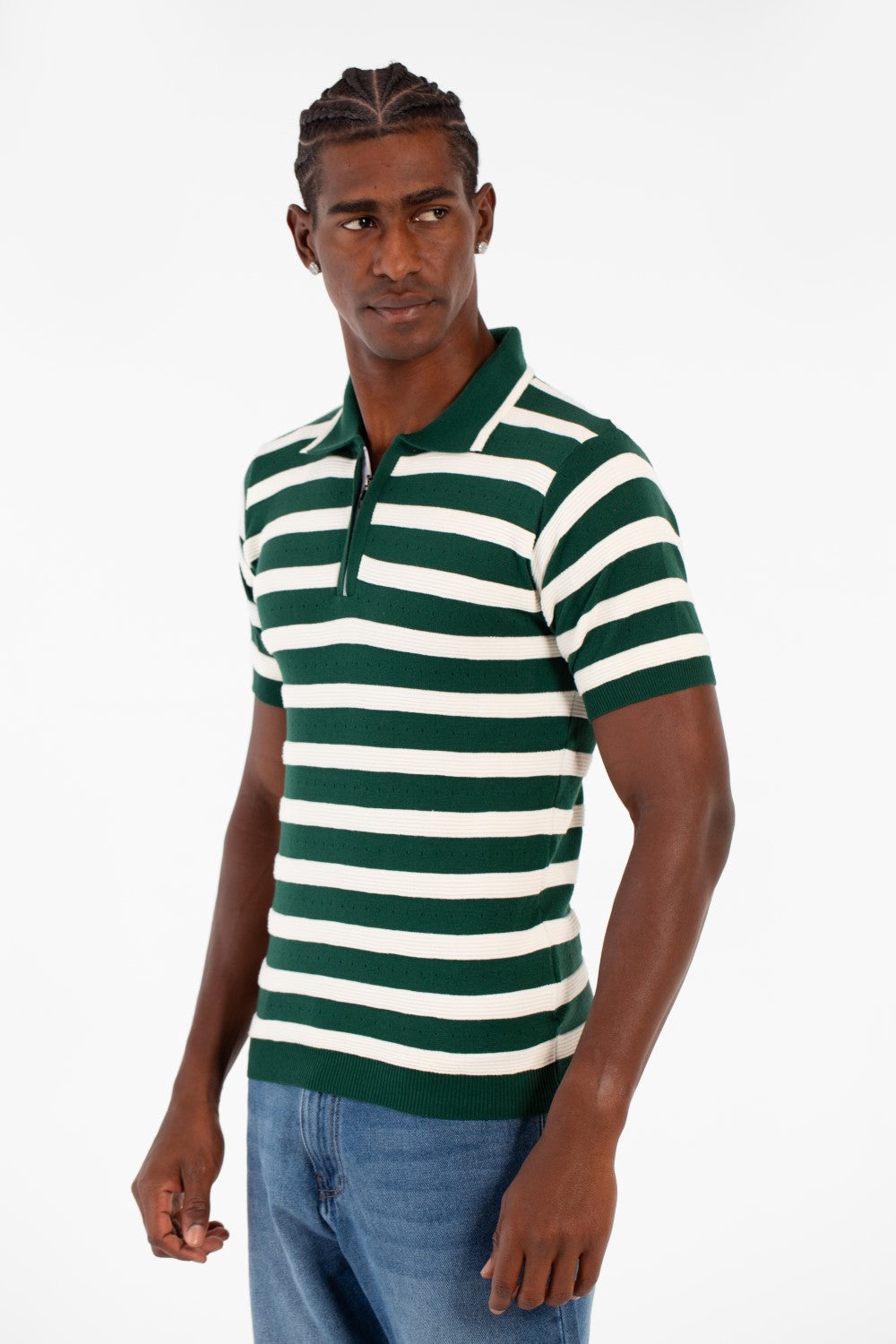 Men's Striped Short Sleeve Slim Fit T-Shirt Half Front Zipper Breathable Fabric