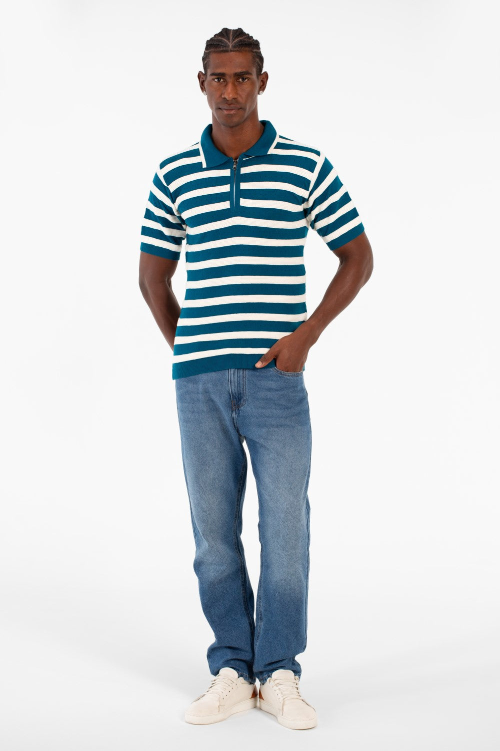 Men's Striped Short Sleeve Slim Fit T-Shirt Half Front Zipper Breathable Fabric