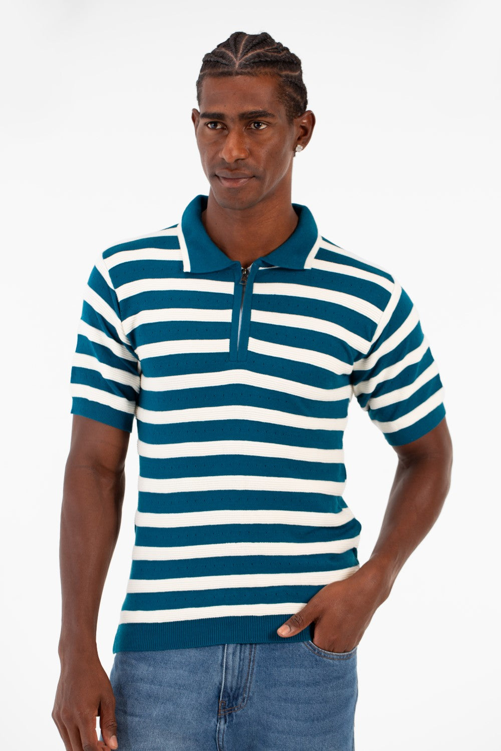 Men's Striped Short Sleeve Slim Fit T-Shirt Half Front Zipper Breathable Fabric