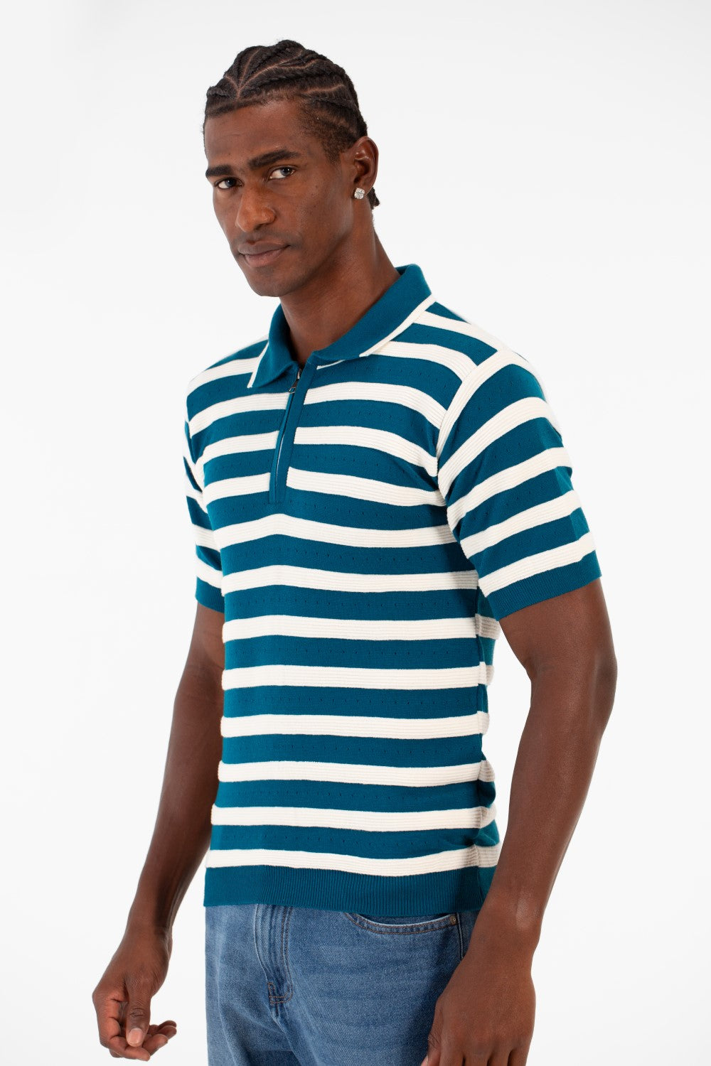 Men's Striped Short Sleeve Slim Fit T-Shirt Half Front Zipper Breathable Fabric