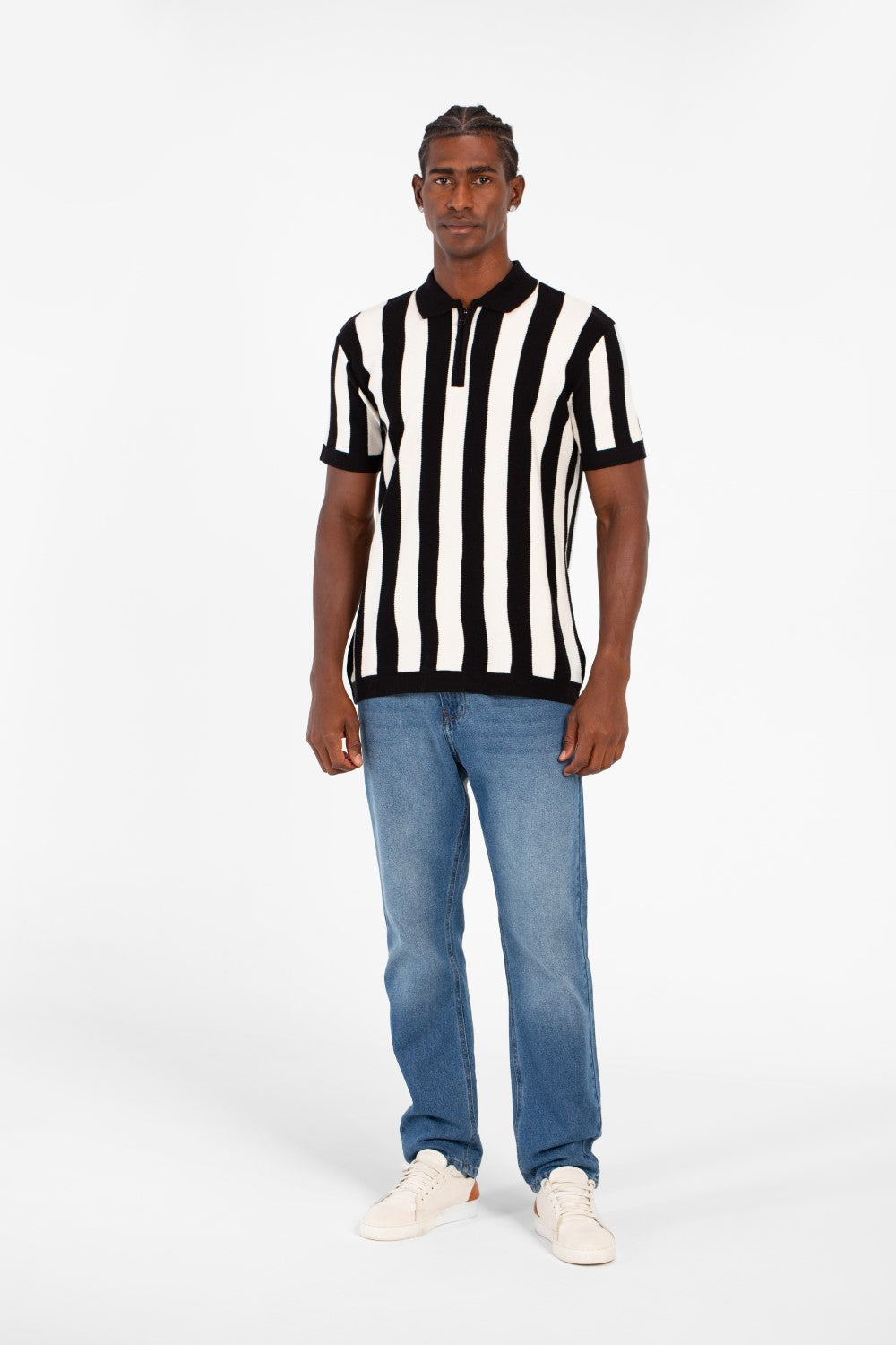 Men's Striped Slim Fit Polo Collar T-Shirt With Half Zipper And Short Sleeves