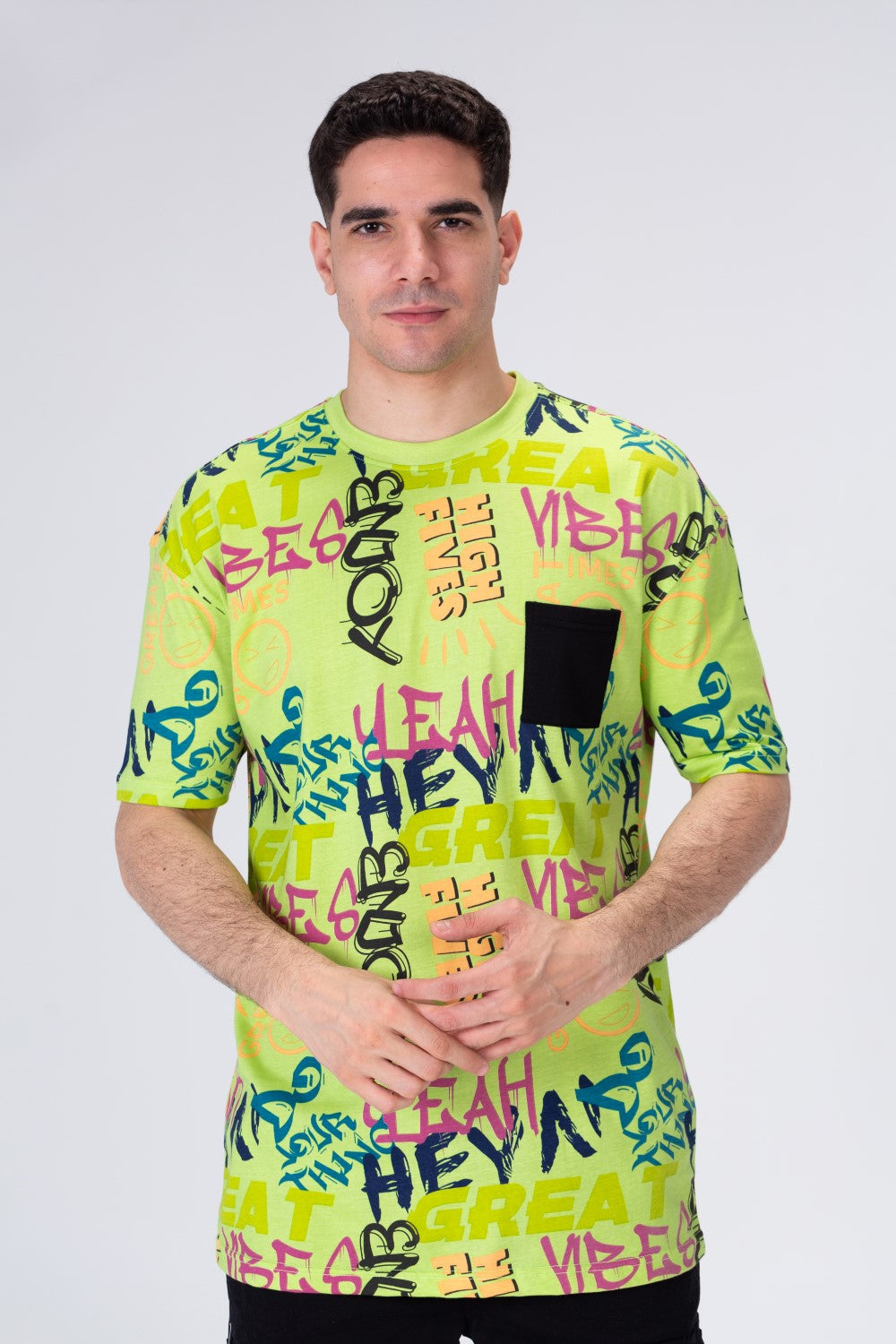 Mens Printed Cotton T-shirt With Pocket On The Front