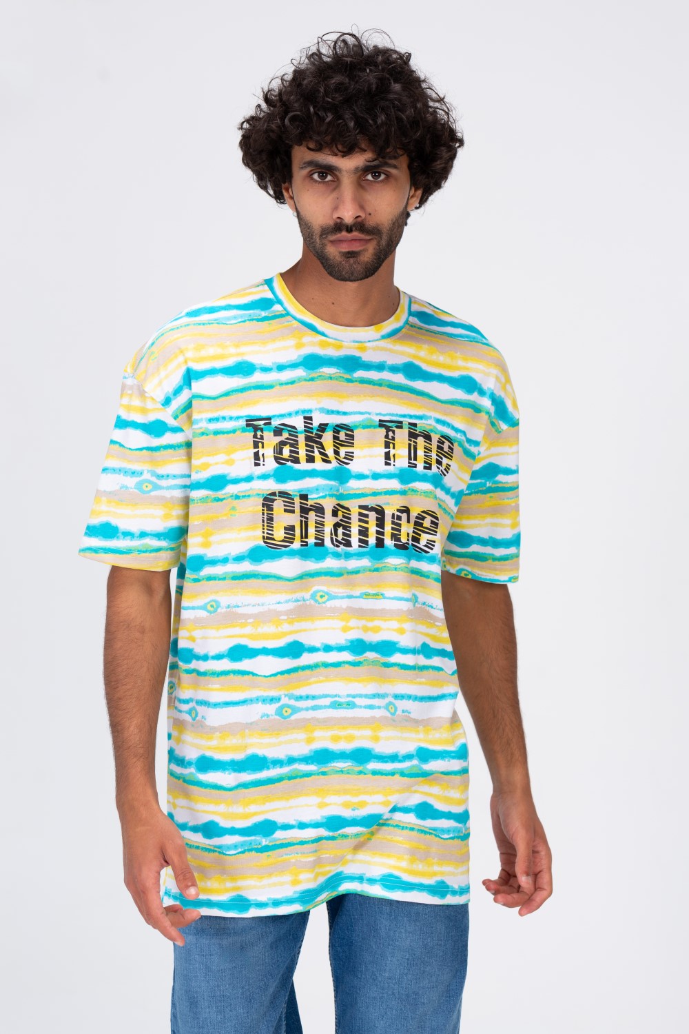 Mens T-shirt With Round Neck Multi Color Stripe And Take The Chance Print