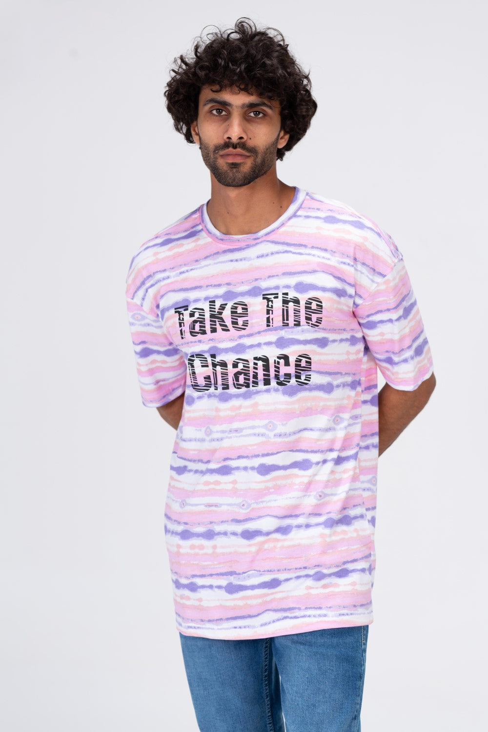 Mens T-shirt With Round Neck Multi Color Stripe And Take The Chance Print