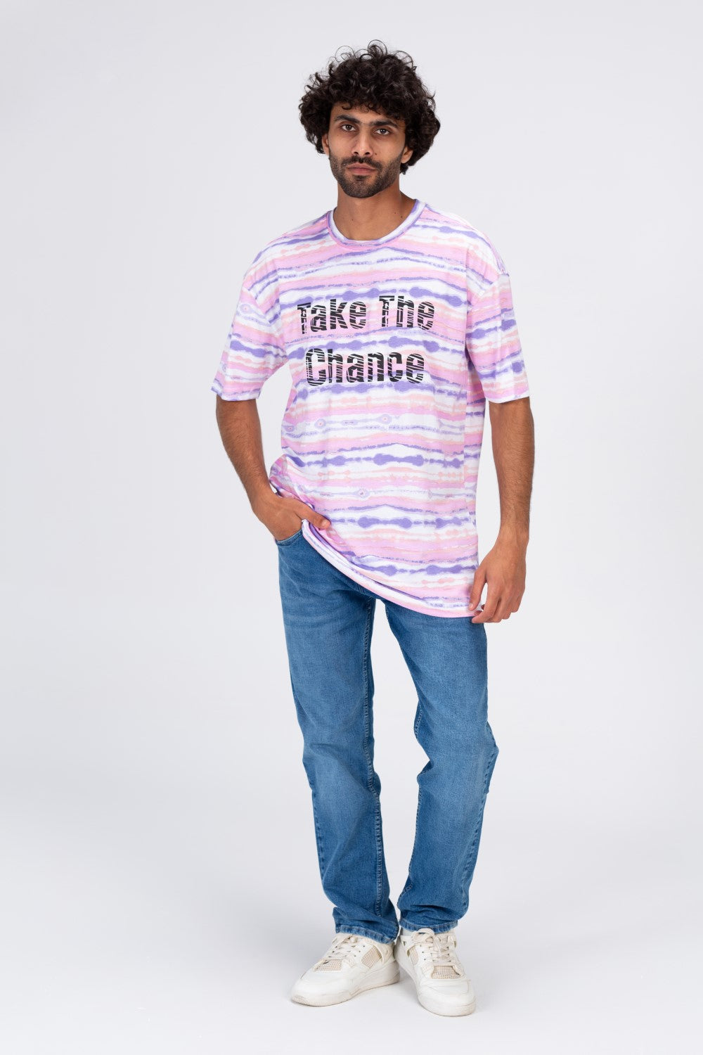 Mens T-shirt With Round Neck Multi Color Stripe And Take The Chance Print