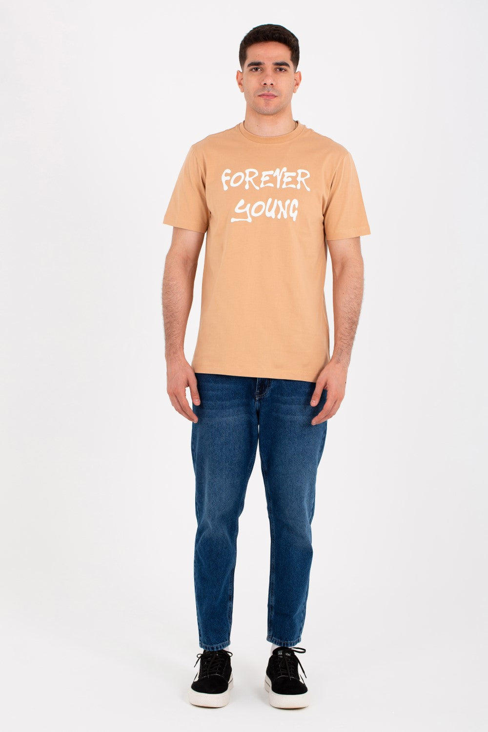 تيشيرت رجالي بياقة دائرية وأكمام نصفية مع طباعة أمامية وخلفية