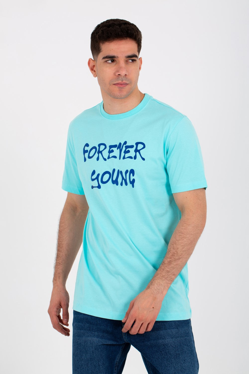 تيشيرت رجالي بياقة دائرية وأكمام نصفية مع طباعة أمامية وخلفية