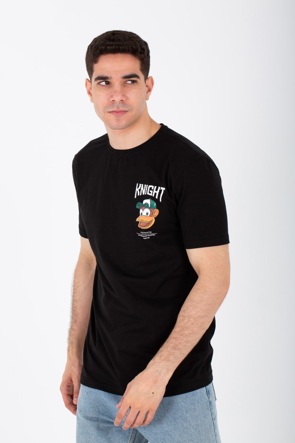 تيشيرت Slim Fit للرجال مع طبعة أمامية وخلفية وقماش ليكرا مفرد