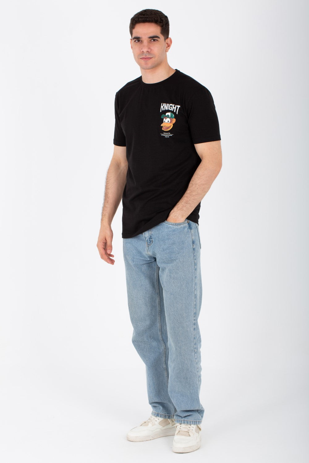 تيشيرت Slim Fit للرجال مع طبعة أمامية وخلفية وقماش ليكرا مفرد