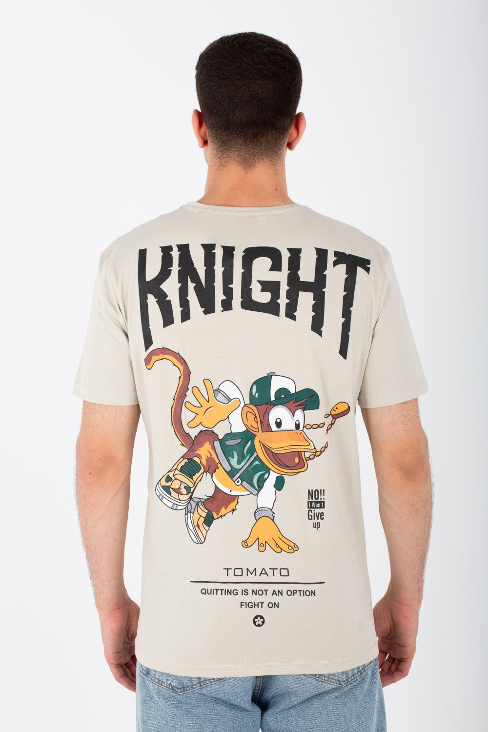 تيشيرت Slim Fit للرجال مع طبعة أمامية وخلفية وقماش ليكرا مفرد