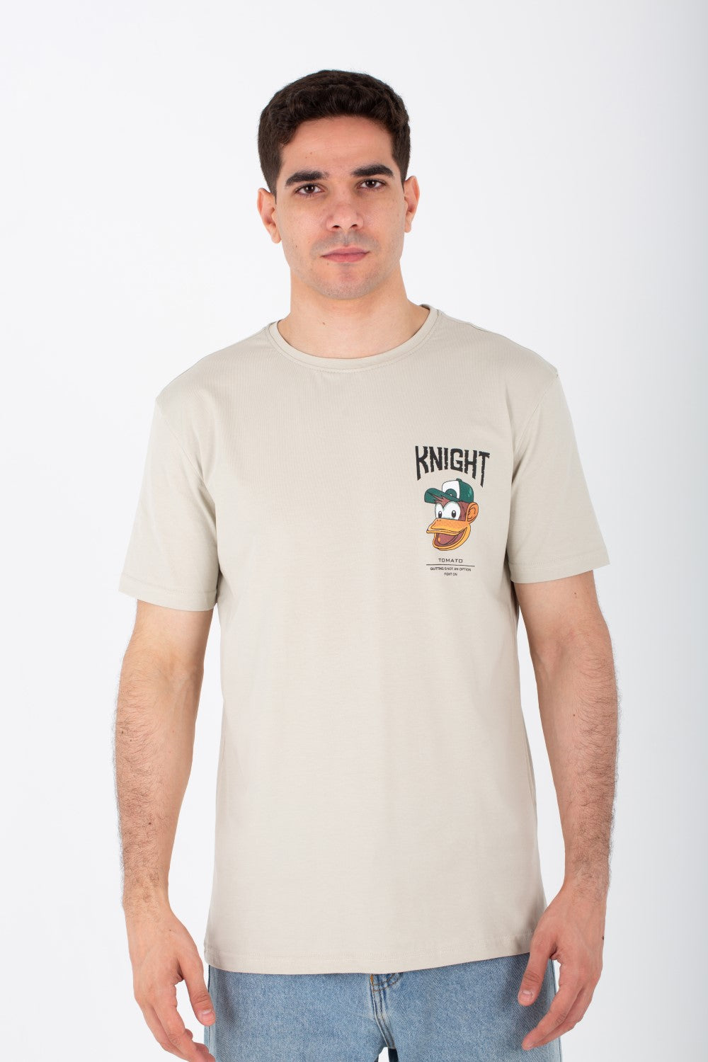 تيشيرت Slim Fit للرجال مع طبعة أمامية وخلفية وقماش ليكرا مفرد