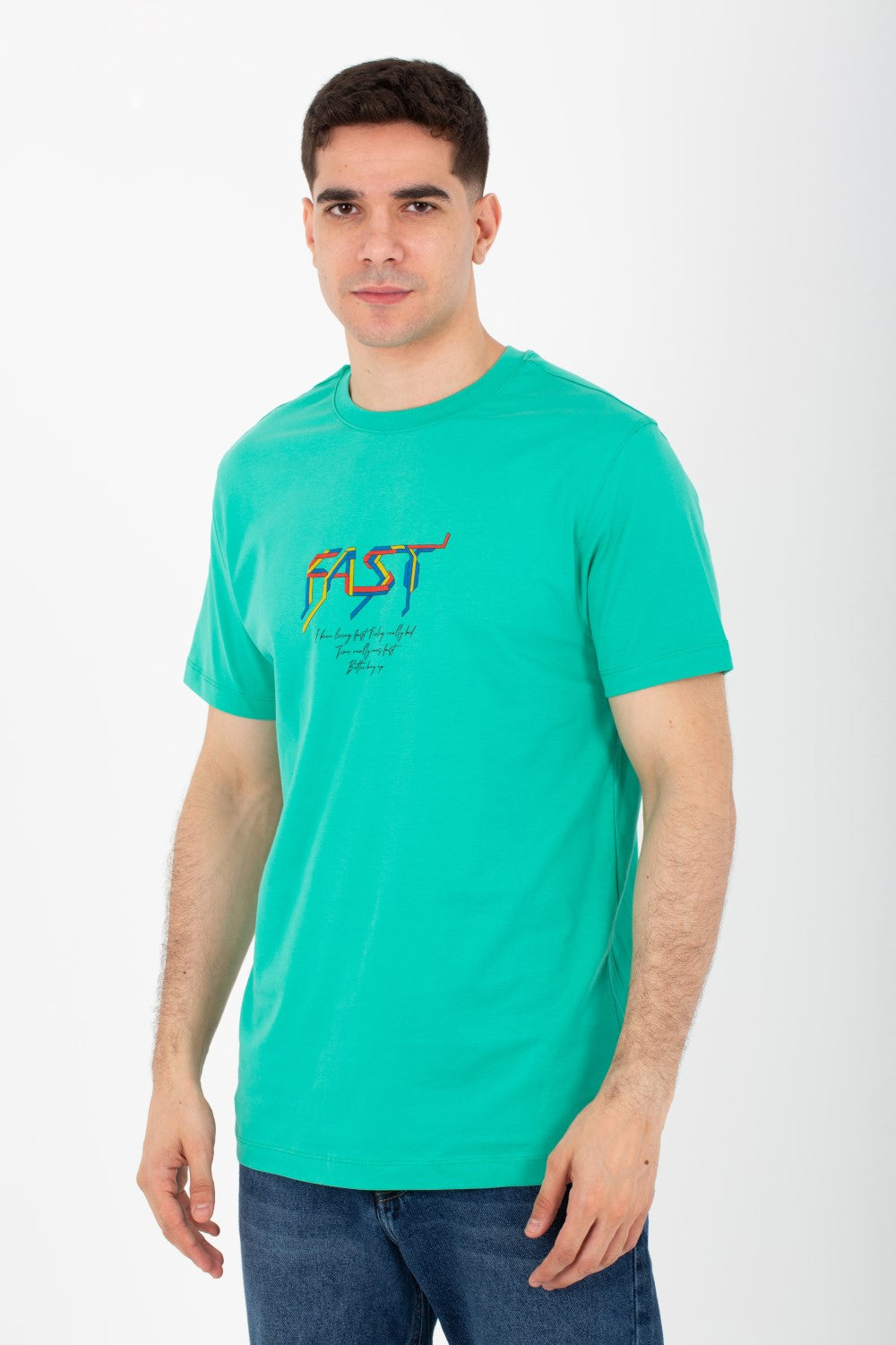 تيشيرت برقبة دائرية وأكمام نصفية مطبوع من الأمام والخلف بألوان متعددة للرجال