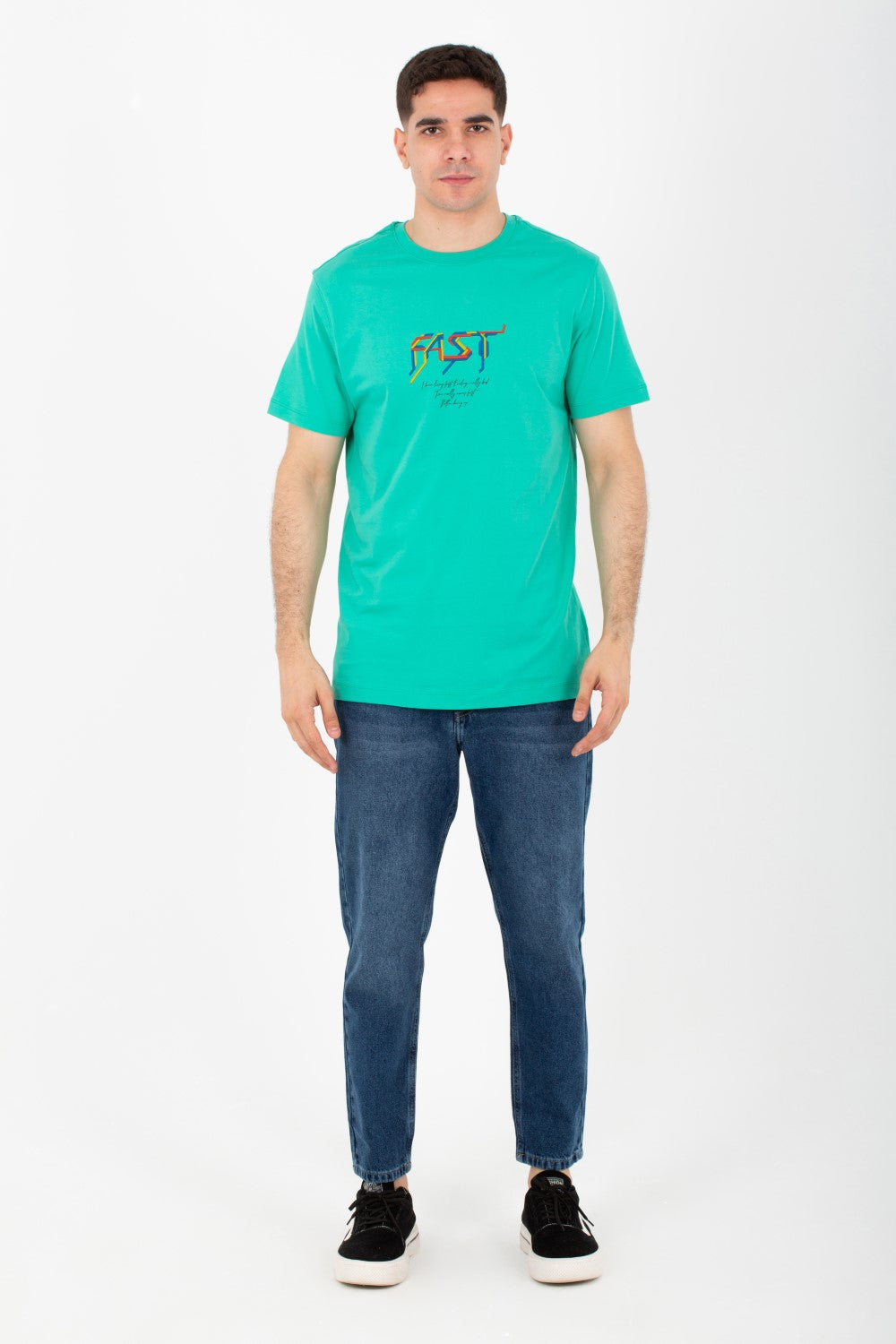 تيشيرت برقبة دائرية وأكمام نصفية مطبوع من الأمام والخلف بألوان متعددة للرجال