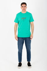 تيشيرت برقبة دائرية وأكمام نصفية مطبوع من الأمام والخلف بألوان متعددة للرجال