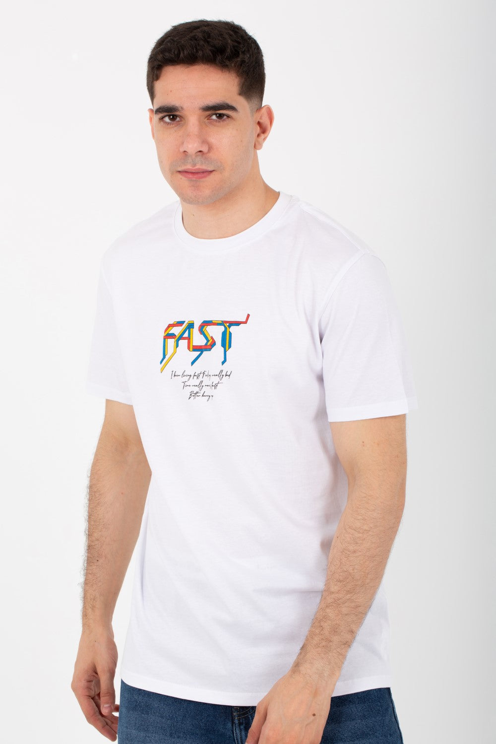 تيشيرت برقبة دائرية وأكمام نصفية مطبوع من الأمام والخلف بألوان متعددة للرجال