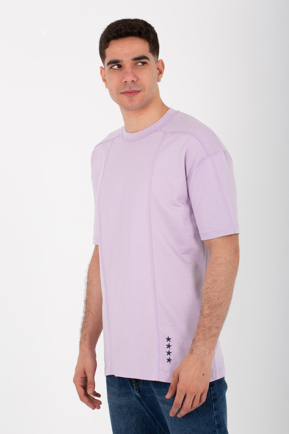 Mens Round Half Sleeve T-shirt With Stars Print On The Front And A Unique Cut