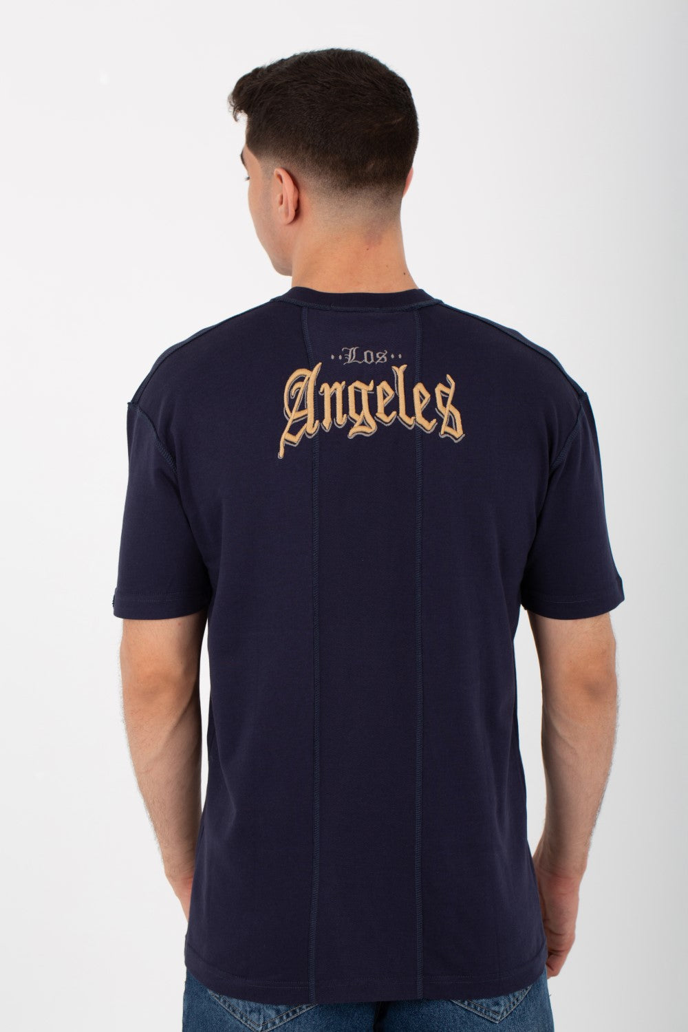 Mens Round Half Sleeve T-shirt With Stars Print On The Front And A Unique Cut