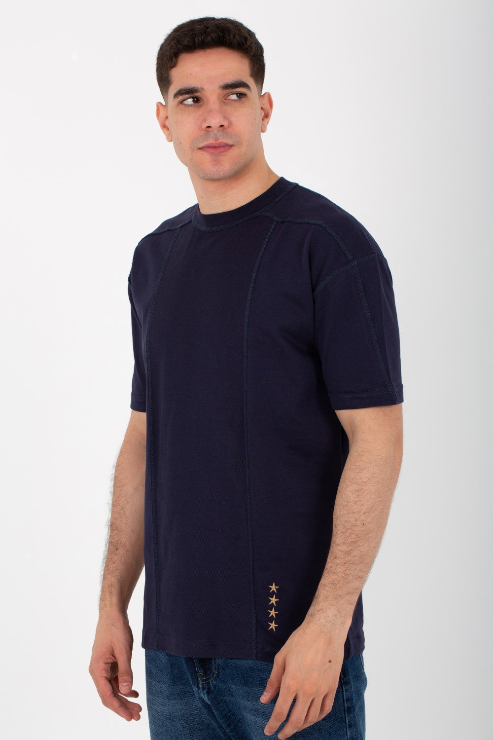 Mens Round Half Sleeve T-shirt With Stars Print On The Front And A Unique Cut