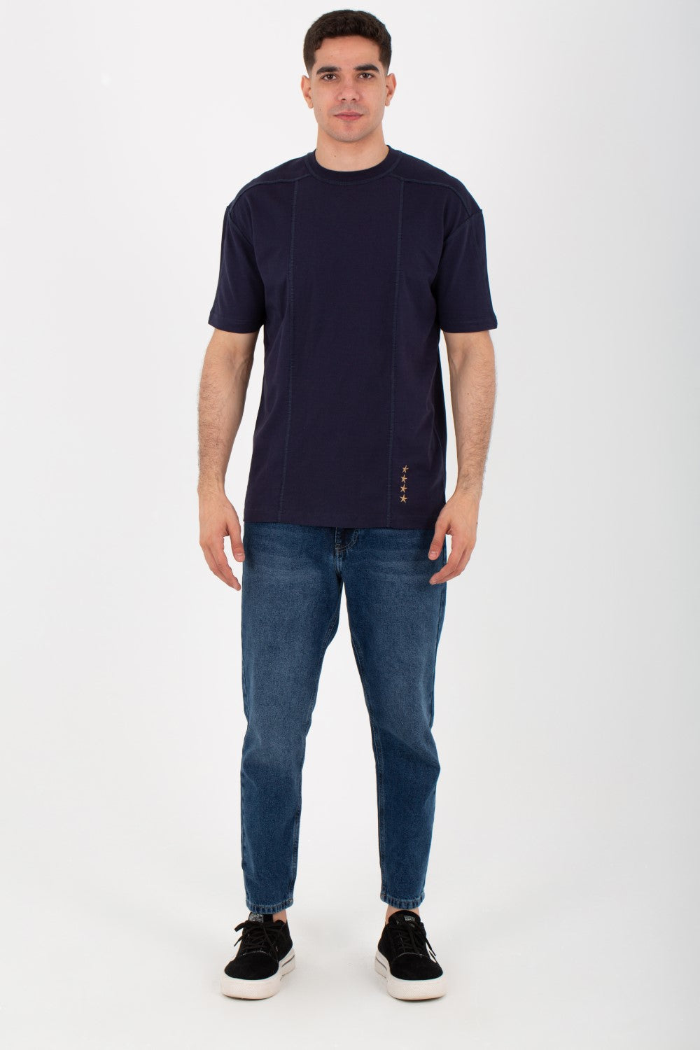 Mens Round Half Sleeve T-shirt With Stars Print On The Front And A Unique Cut