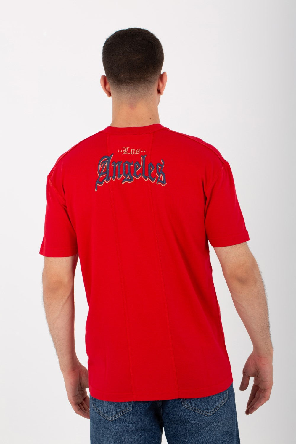 Mens Round Half Sleeve T-shirt With Stars Print On The Front And A Unique Cut