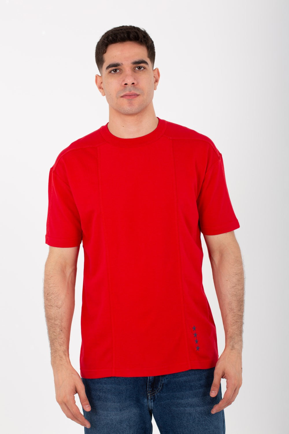 Mens Round Half Sleeve T-shirt With Stars Print On The Front And A Unique Cut