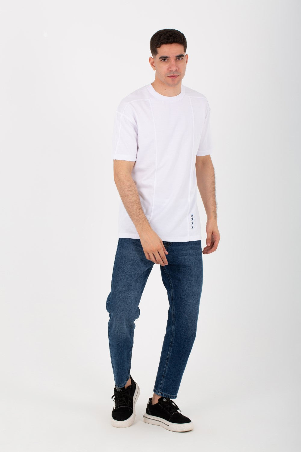 Mens Round Half Sleeve T-shirt With Stars Print On The Front And A Unique Cut