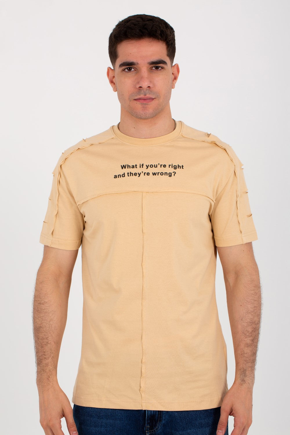 Mens Half Sleeve T-shirt With Distinctive Cuts And Front Print
