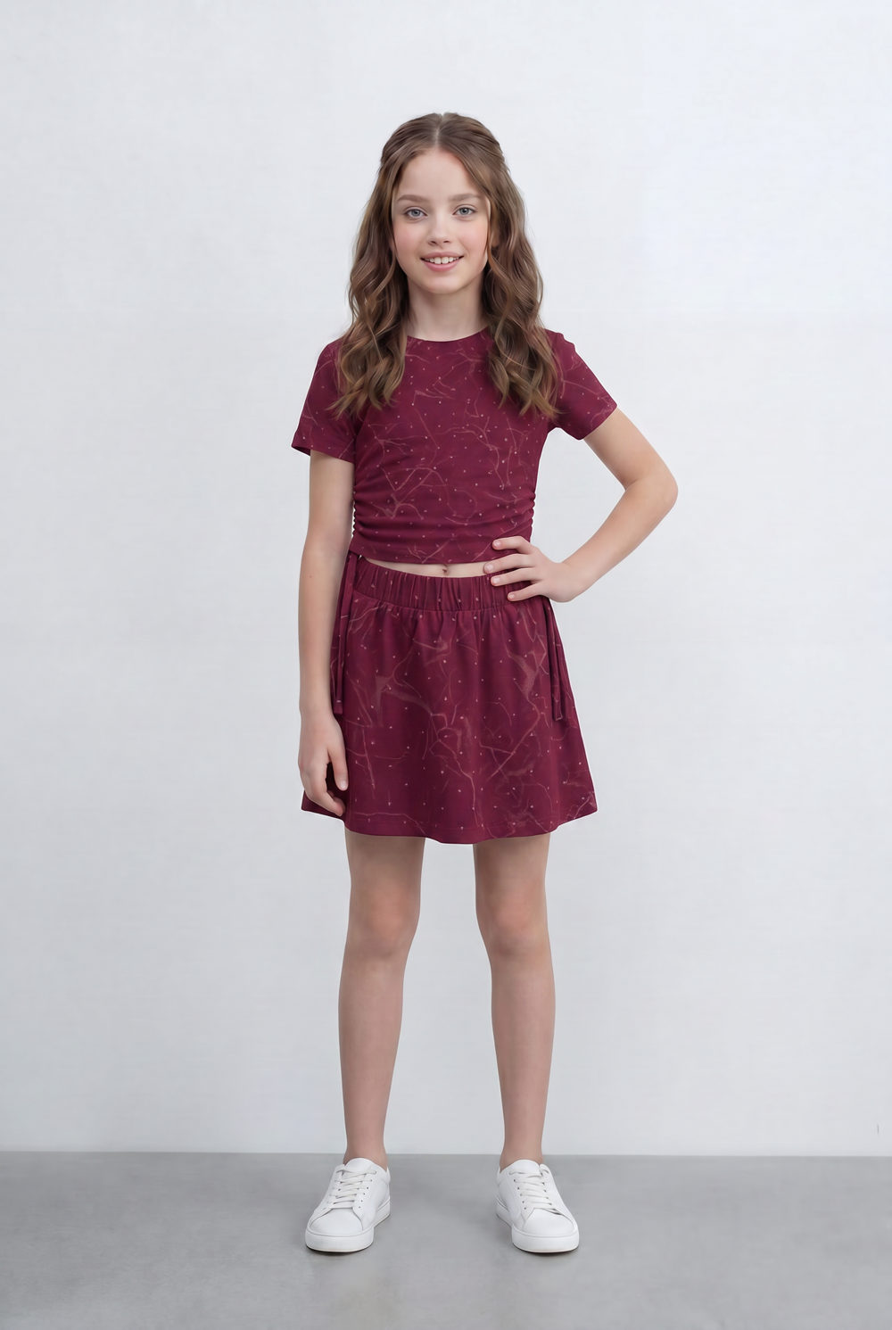 Girl's Printed Co-Ord Set Featuring A Short Sleeve Crop Top Side Tie Details Outfit
